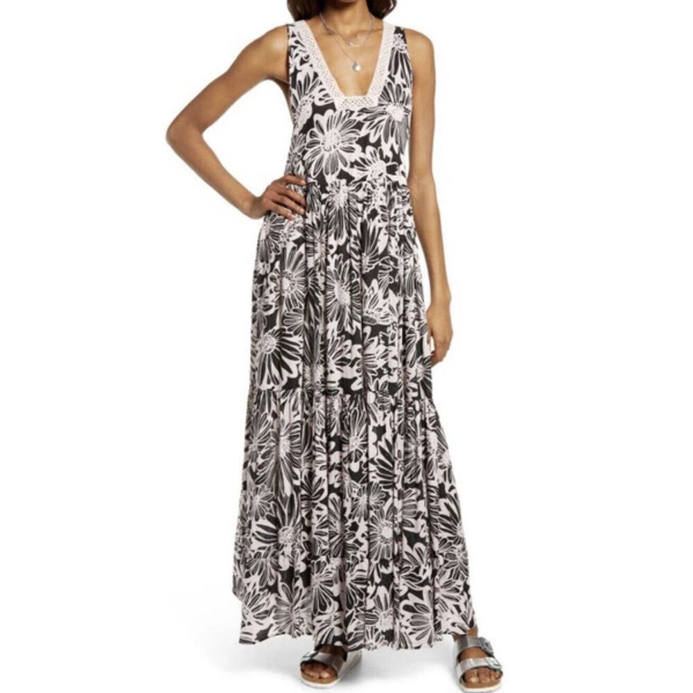 Free People X Intimately Tiers For You Sleeveless Floral Maxi Dress Black Pink M - Picture 2 of 9